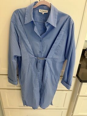 En Saison Light Blue Pinstripe Shirt Dress